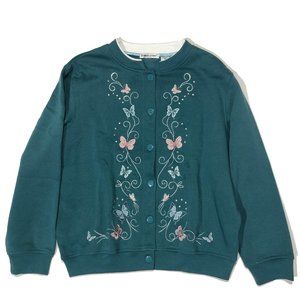 Bonnie Evans Womens PXL Blue Green Button Butterfly Embroidered Cardigan Sweater